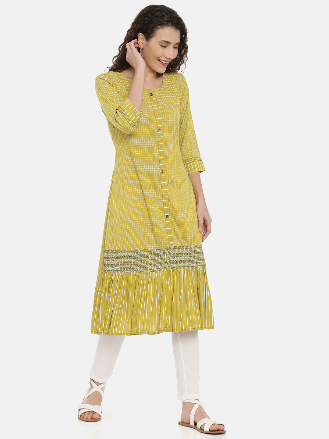 Neerus Green cotton checked A-line kurta - back view