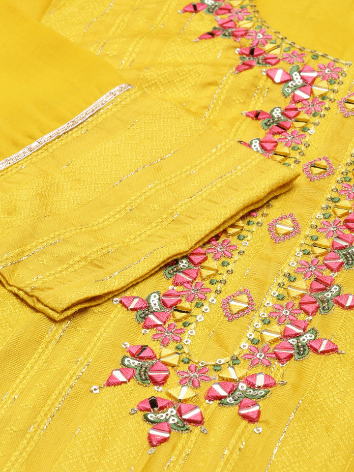 Neerus Yellow cotton embroidered anarkali kurta - detail view 2