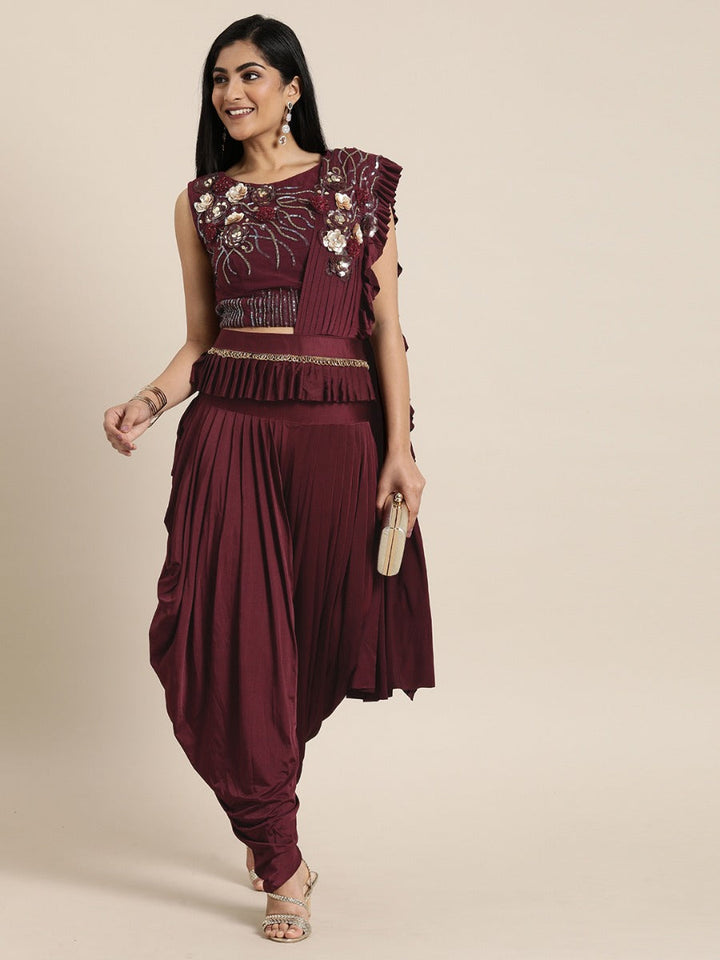 Neerus Maroon georgette solid saree with blouse - front view