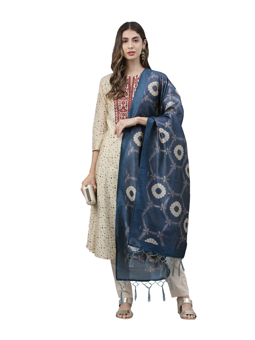 Neerus Beige printed suit set with trousers and dupatta - detail view 3