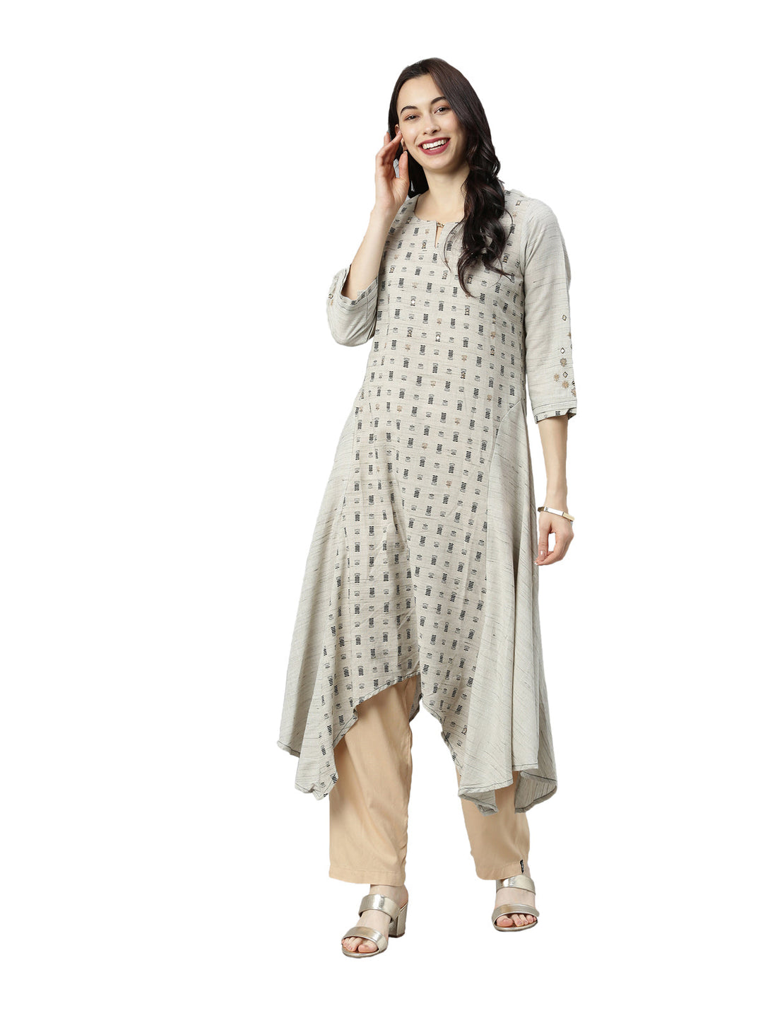 Neerus Grey printed ethnic kurta keyhole neck - detail view 3