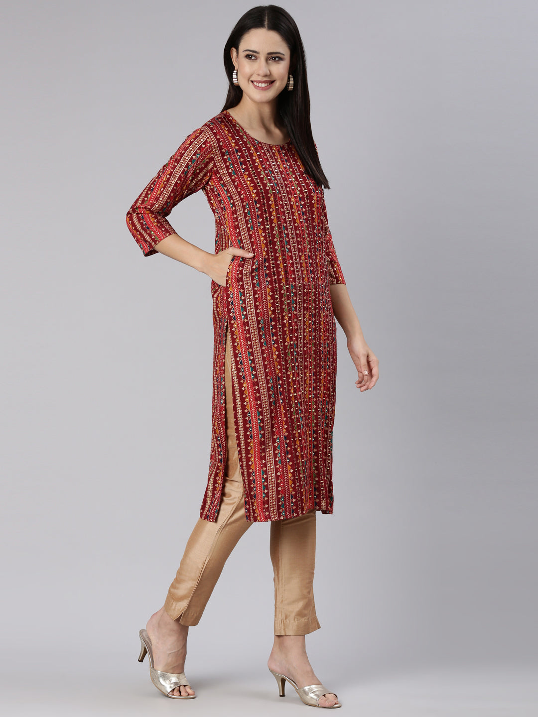 Neerus Maroon chevron printed straight kurti - detail view 2