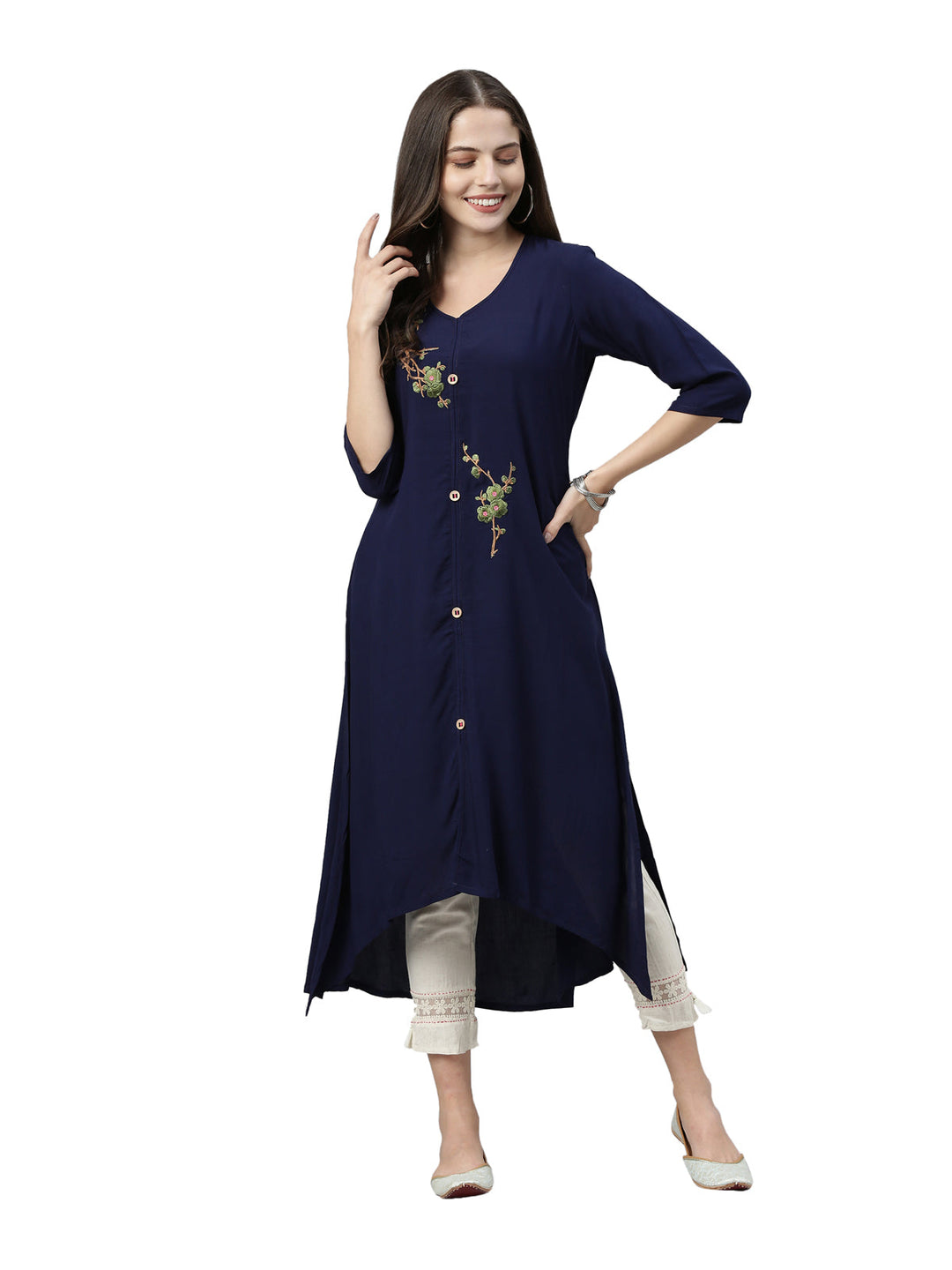 Neerus Blue embroidered floral A-line kurta - detail view 2