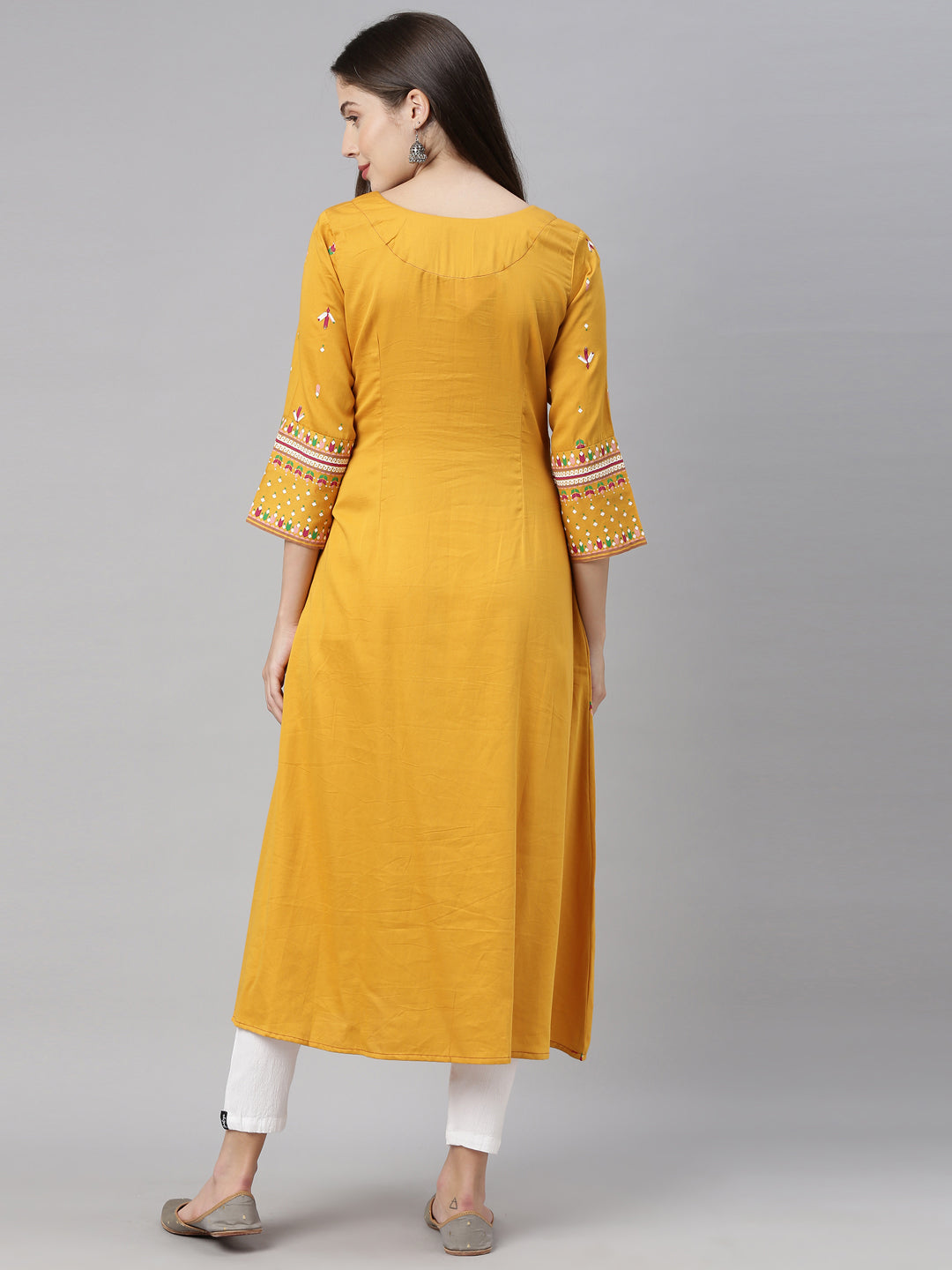 Neerus Yellow cotton embroidered kurta - side view