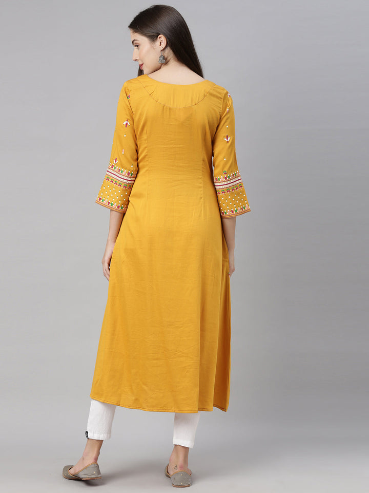 Neerus Yellow cotton embroidered kurta - side view
