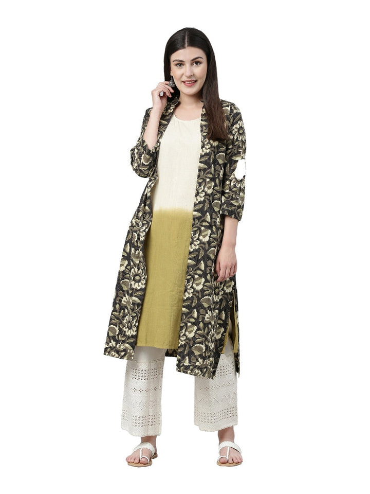 Neerus Multi cotton floral printed kurta with coat - detail view 2
