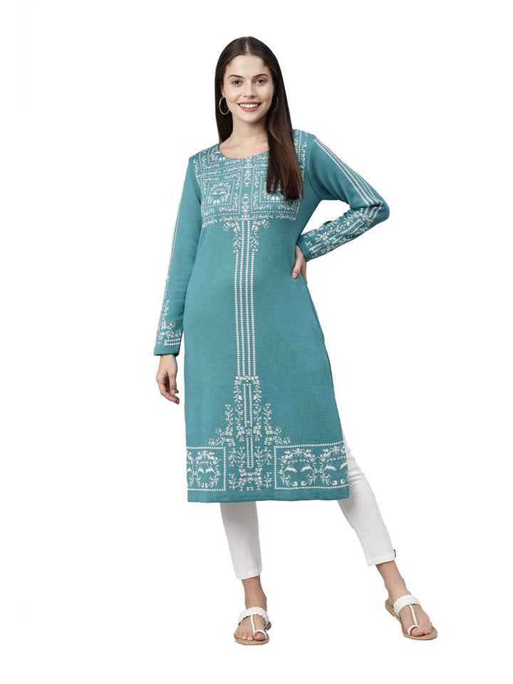 Neerus Blue cotton woven ethnic kurti - front view