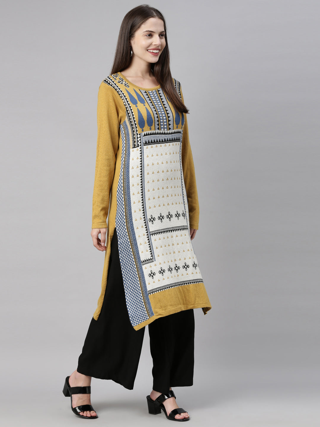 Neerus Yellow acrylic printed kurta geometric design - detail view 3