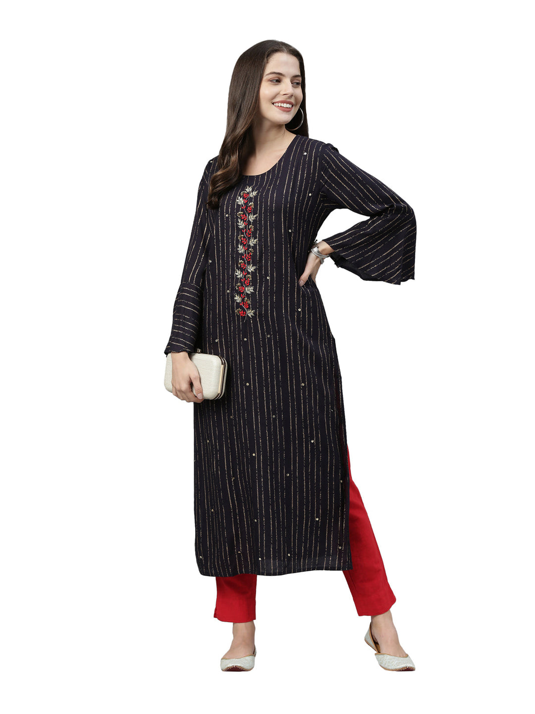Neerus Blue striped printed rayon kurti - detail view 3
