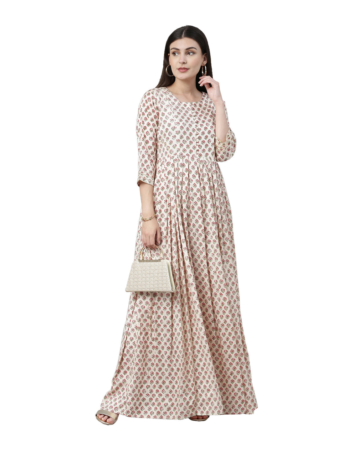 Neerus Beige floral printed anarkali kurta - detail view 3