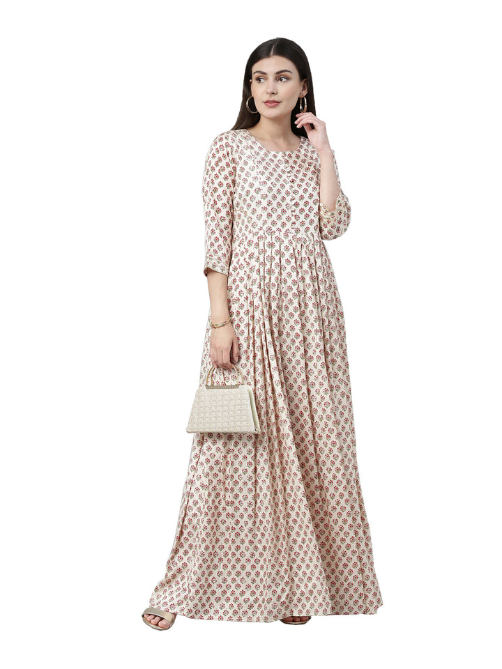 Neerus Beige floral printed anarkali kurta - detail view 3