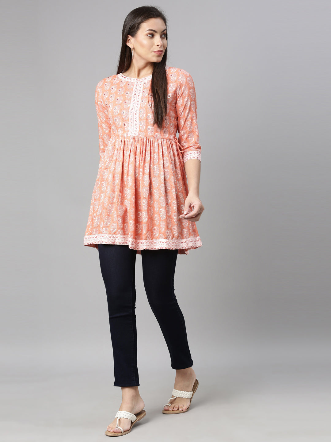 Neerus Pink floral printed sequinned pleated kurti - detail view 3