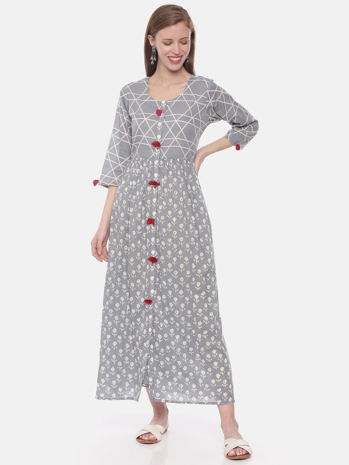 Neerus Grey printed anarkali kurti - detail view 3