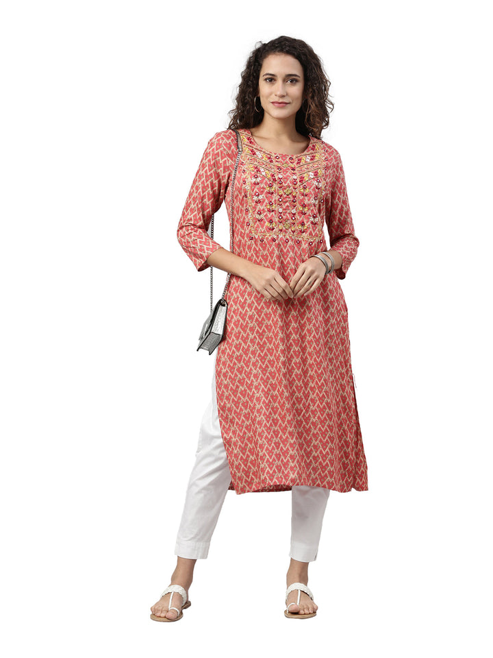 Neerus Red mirror work printed kurta - detail view 2