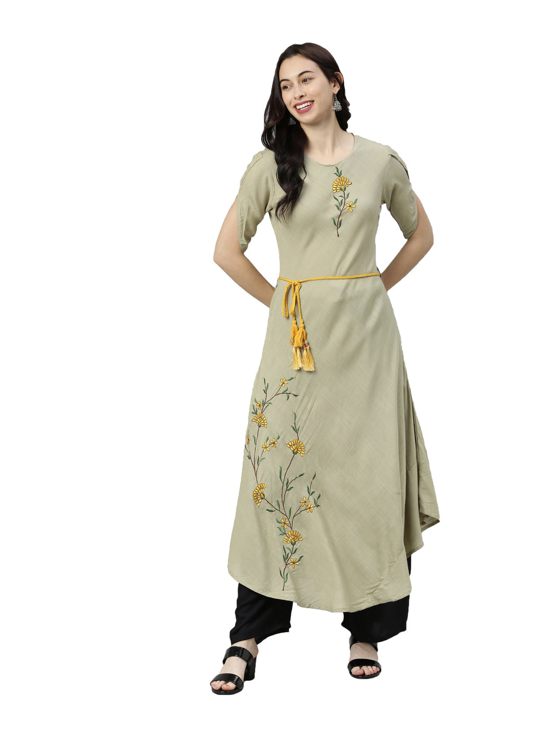 Neerus Green rayon thread embroidered kurti - detail view 3