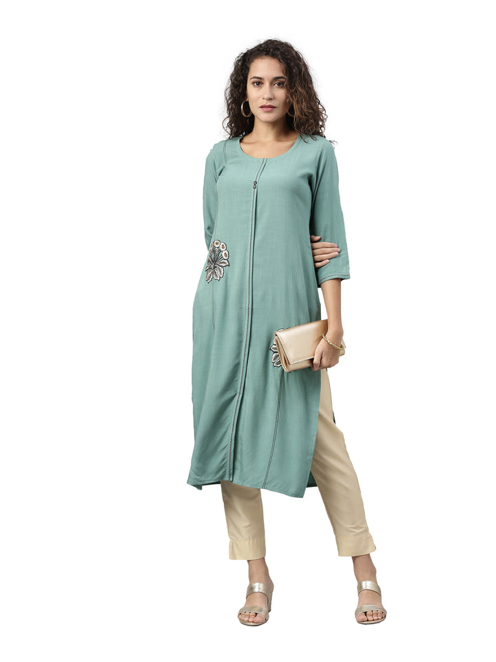 Neerus Blue cotton solid kurti - detail view 3