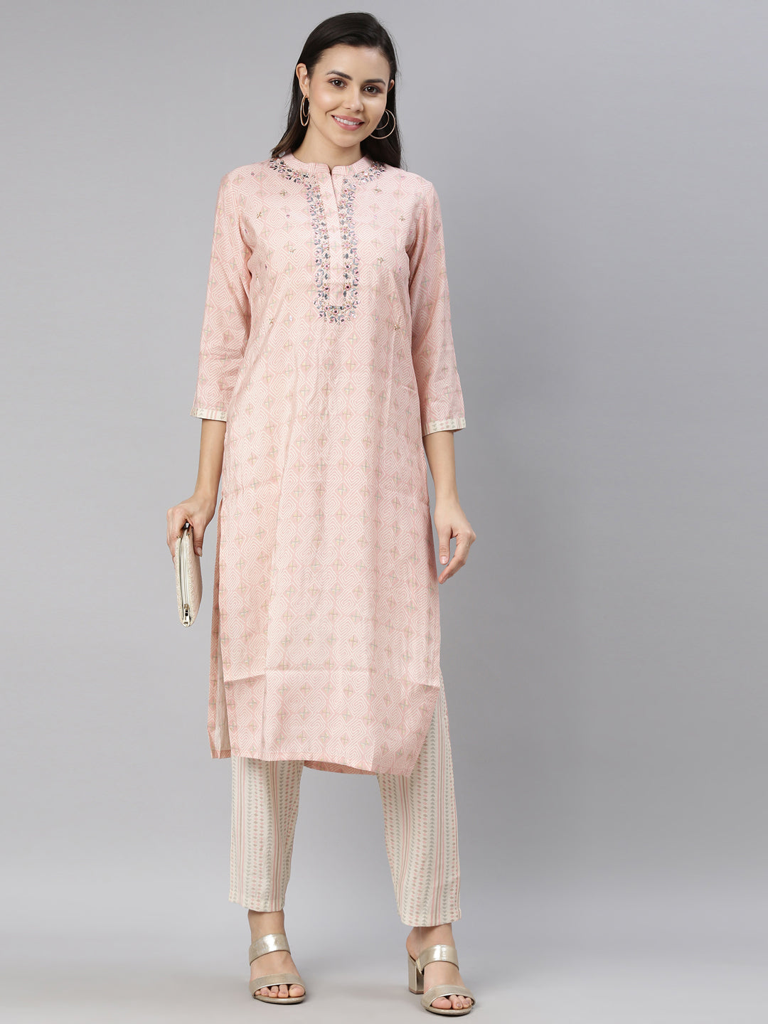 Neerus Pink printed mirror work kurta set - detail view 3