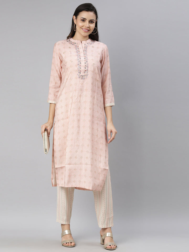 Neerus Pink printed mirror work kurta set - detail view 3