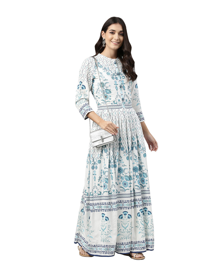 Neerus White floral mirror work anarkali kurta - detail view 3