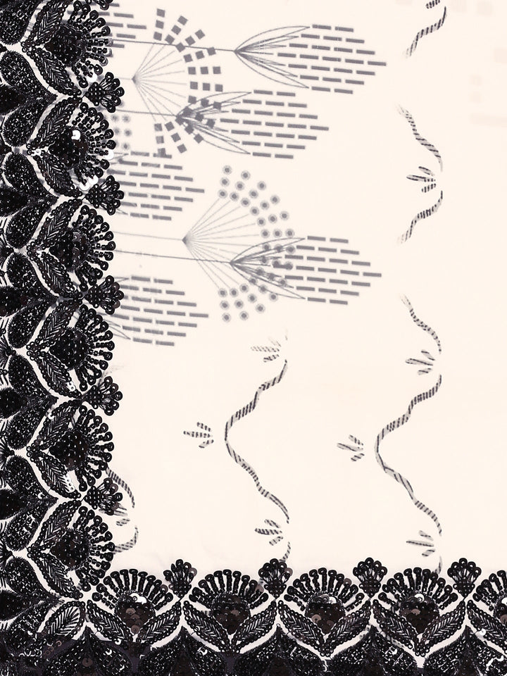 Black & white satin printed saree with hand embroidery & ready made blouse