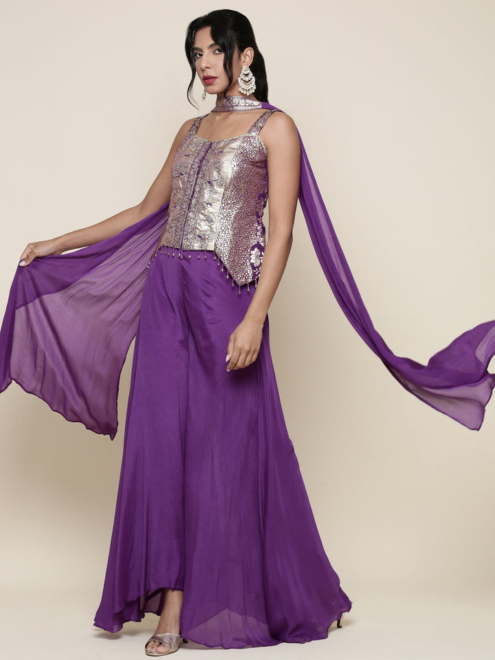 Neerus Purple georgette crop top palazzo co-ord set - detail view 2