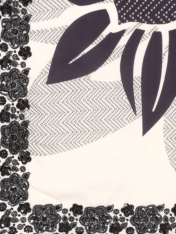 Black & White Satin Printed Saree With Hand Embroidery & Readymade blouse