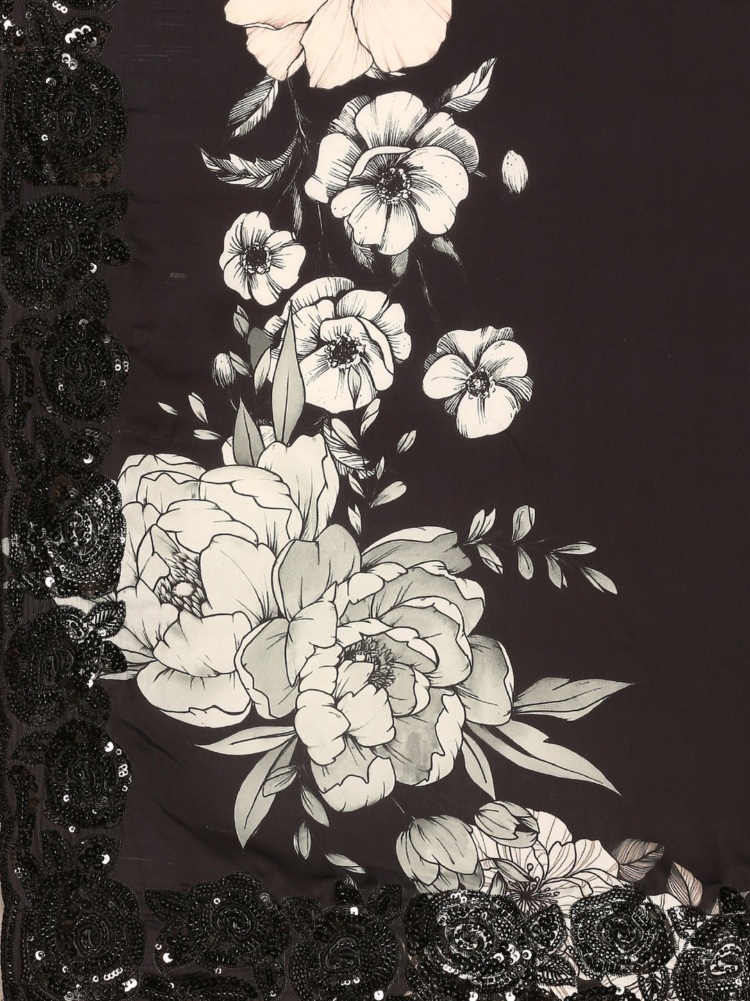 Neerus Black satin hand embroidered printed saree - detail view 3