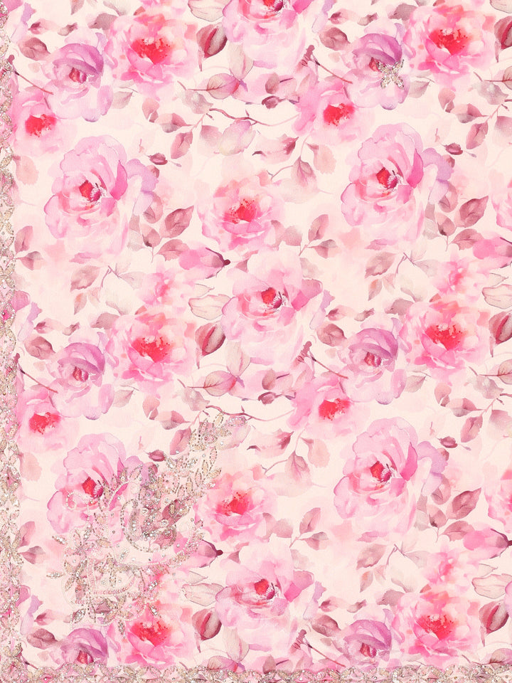 Pink floral printed satin saree with pearls & sequins embroidery with heavy ready made blouse