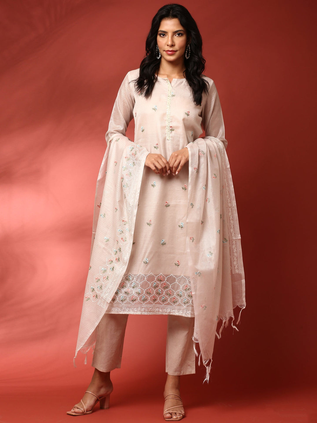 Neerus Beige Chanderi thread embroidered suit set - detail view 2