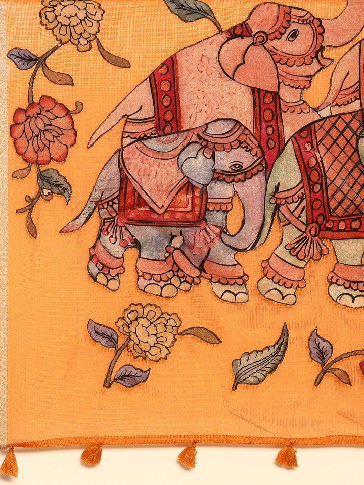 Neerus Yellow Kota Kalamkari appliqué saree - detail view 3