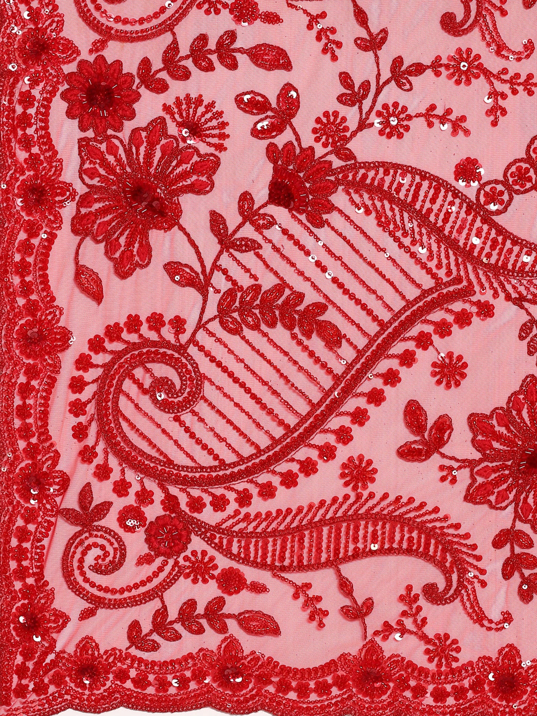 Neerus Red net hand embroidered saree with pearl sequins - detail view 2