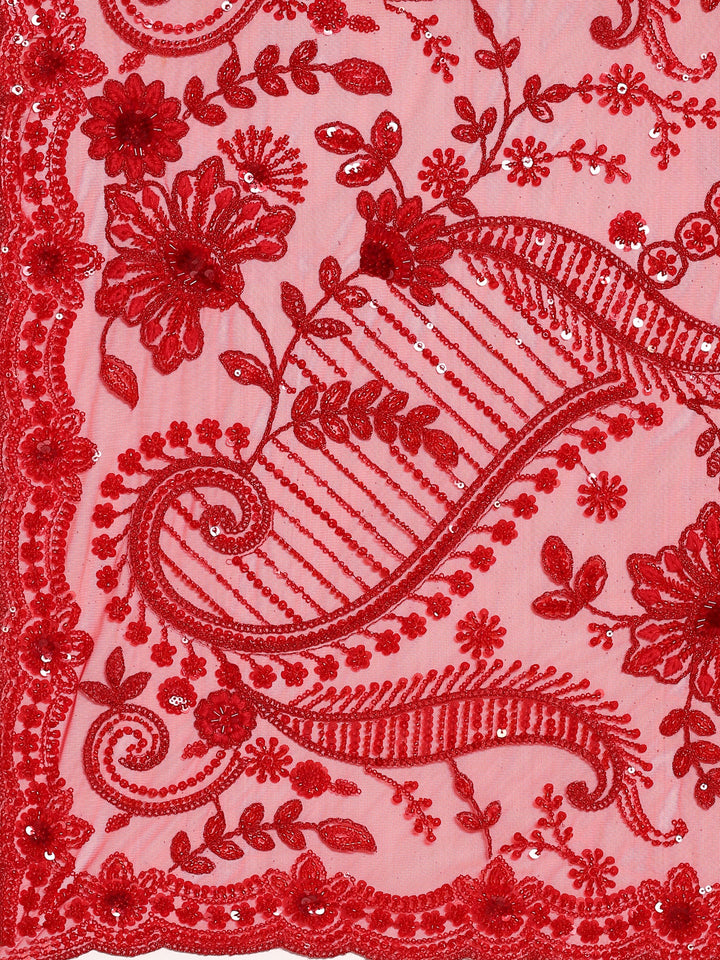 Neerus Red net hand embroidered saree with pearl sequins - detail view 2