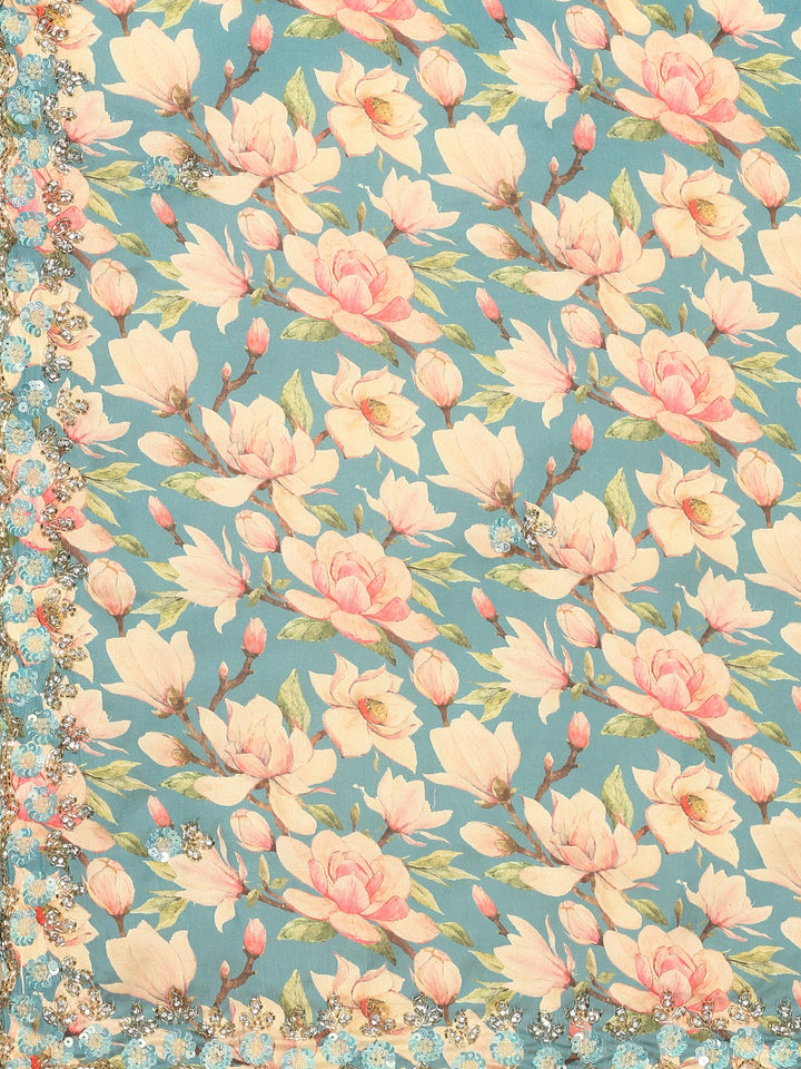 Blue floral printed satin saree with pearls & sequins embroidery with heavy ready made blouse