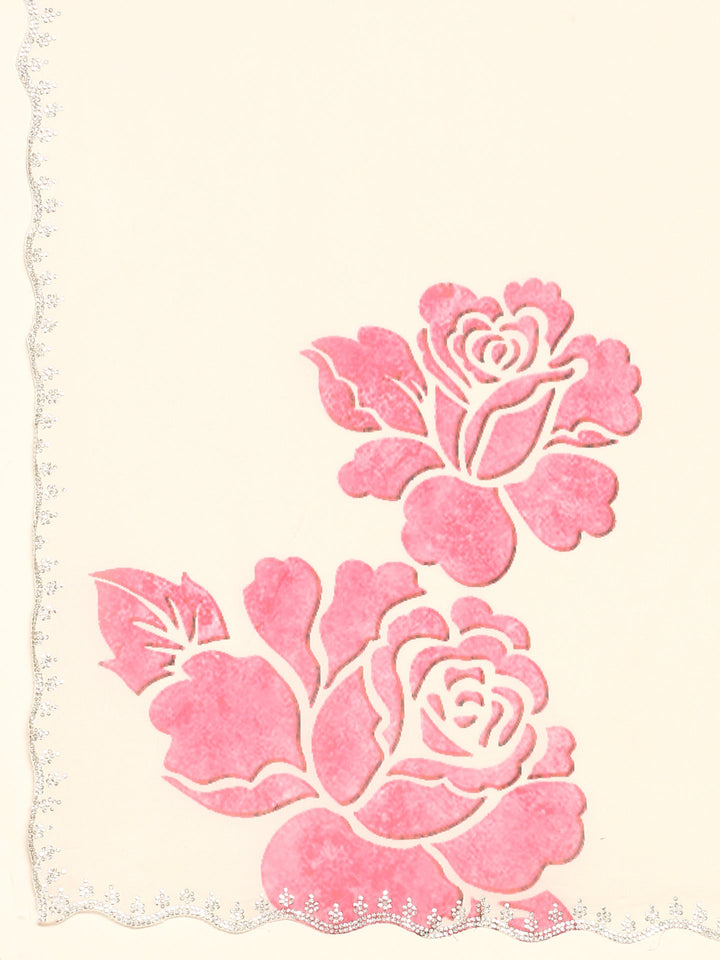 Cream Satin Saree With Pink Printed Motifs With Swarovski Embroidery