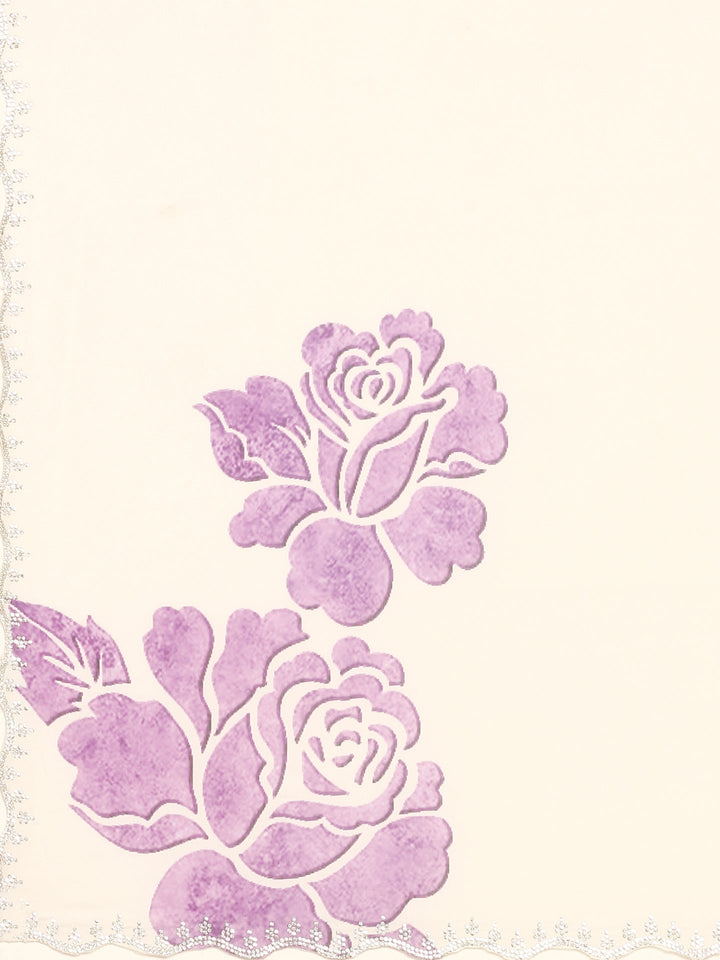 Off white printed satin saree with lavender motifs & Swarovski embroidery