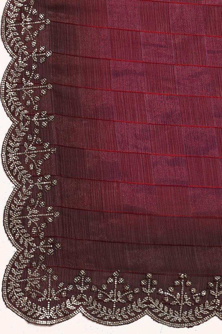 Maroon jacquard satin organza saree with hand embroidery