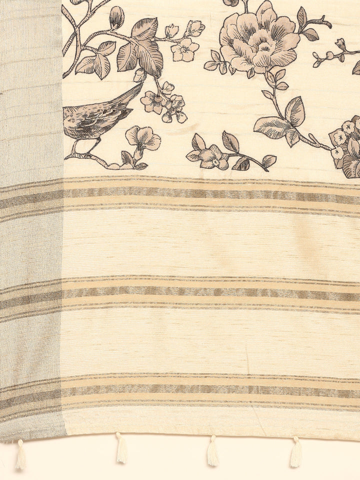 Neerus White raw silk printed floral saree - detail view 3