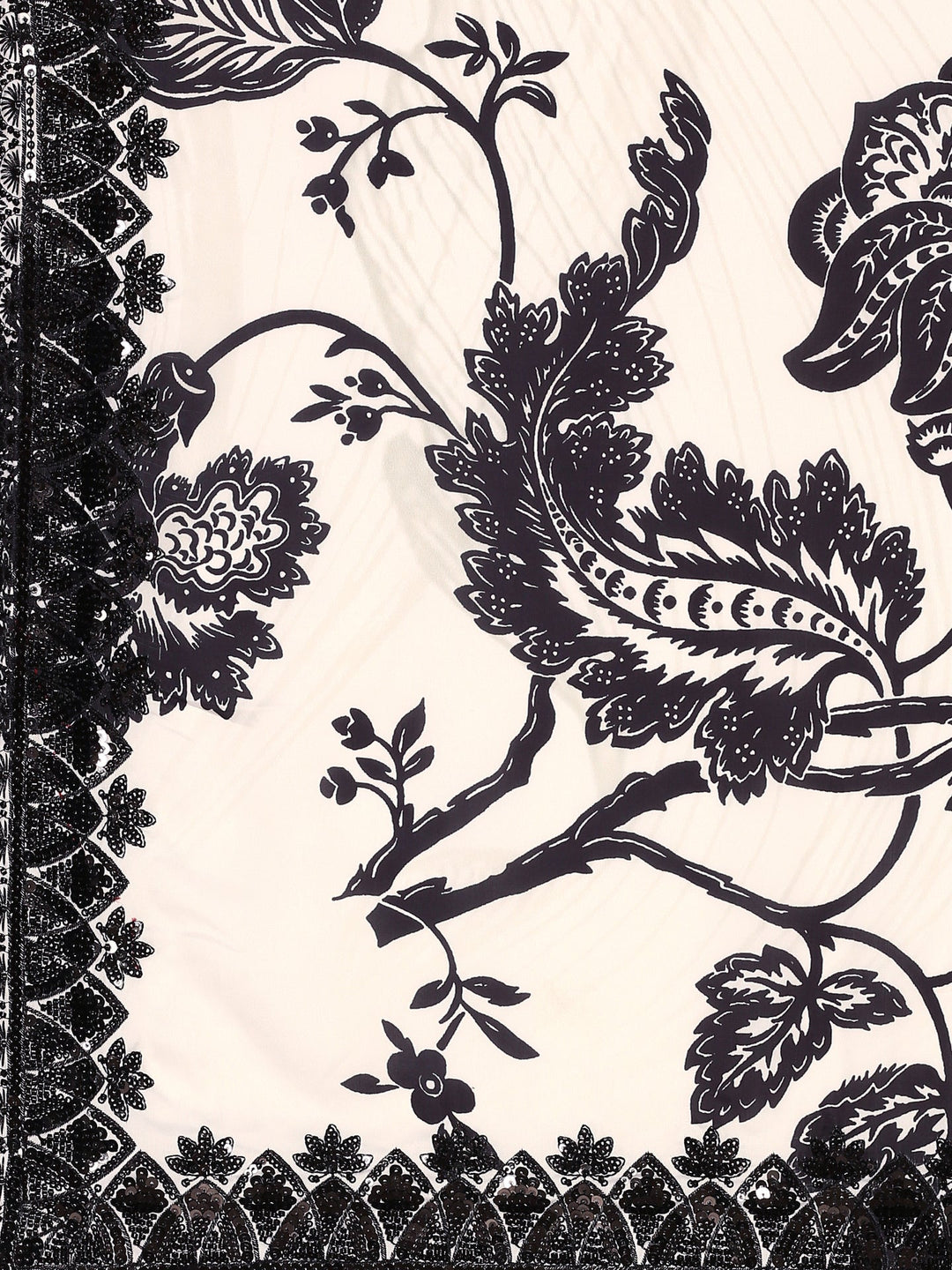 Neerus Black satin hand embroidered printed saree - detail view 3
