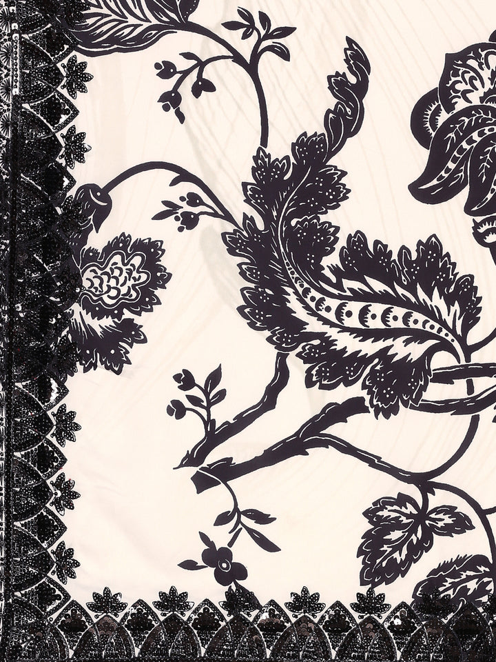 Neerus Black satin hand embroidered printed saree - detail view 3