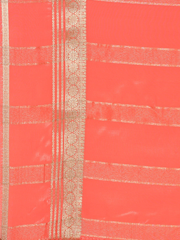 Neerus Pink crepe woven saree with zari border - detail view 2