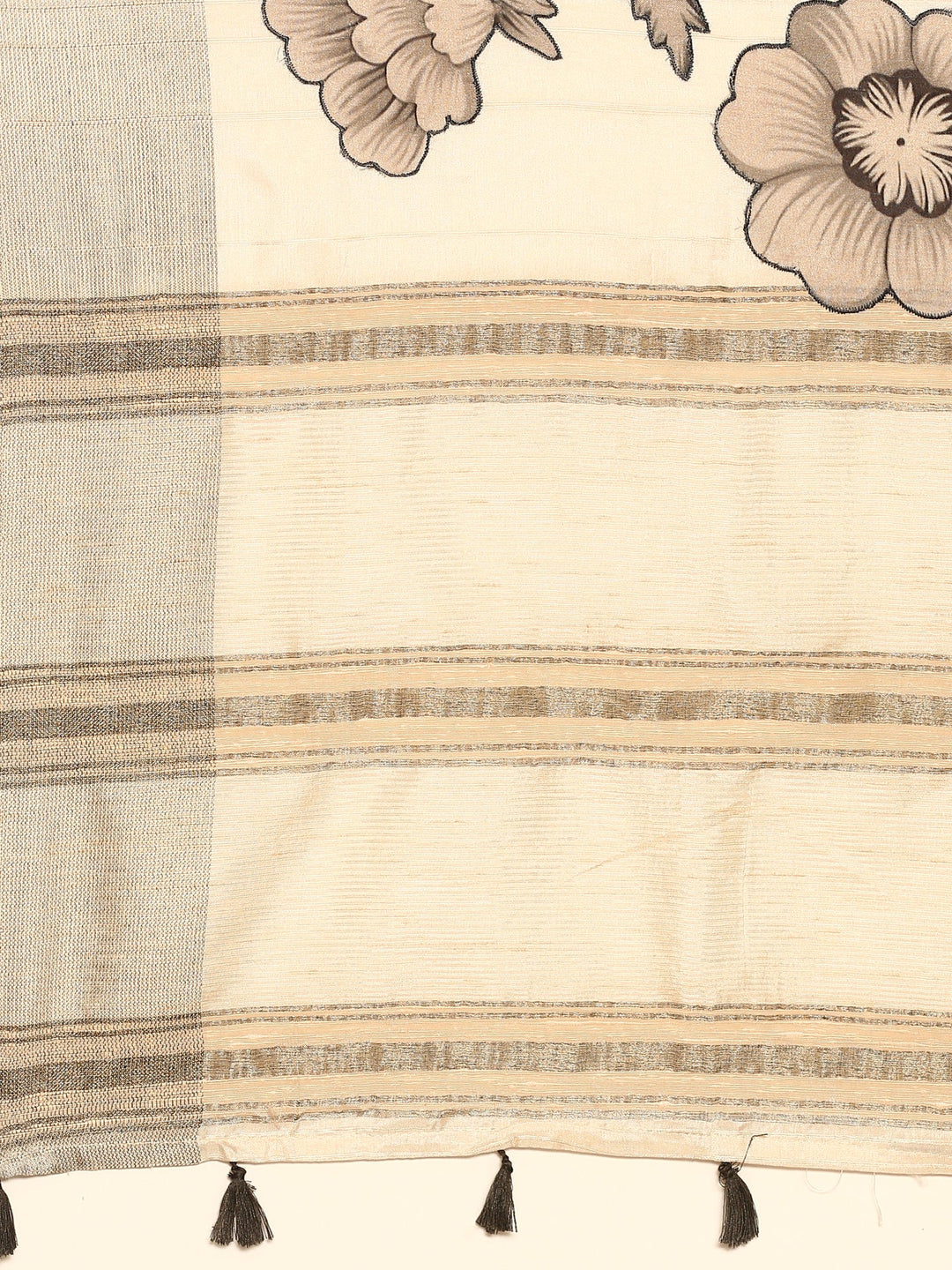 Neerus White raw silk printed saree with floral motif - detail view 3
