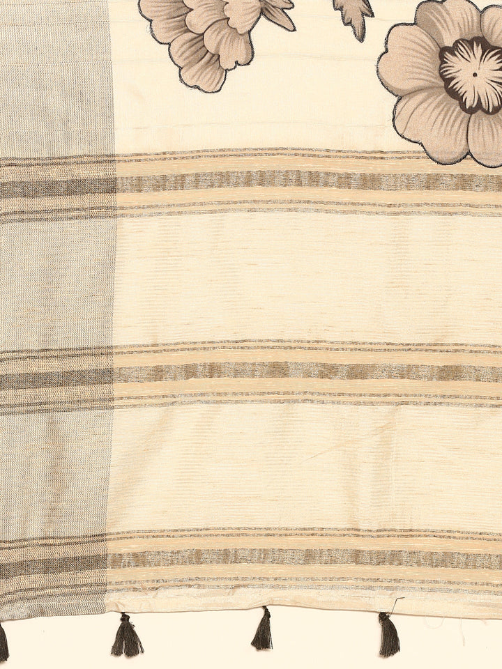 Neerus White raw silk printed saree with floral motif - detail view 3