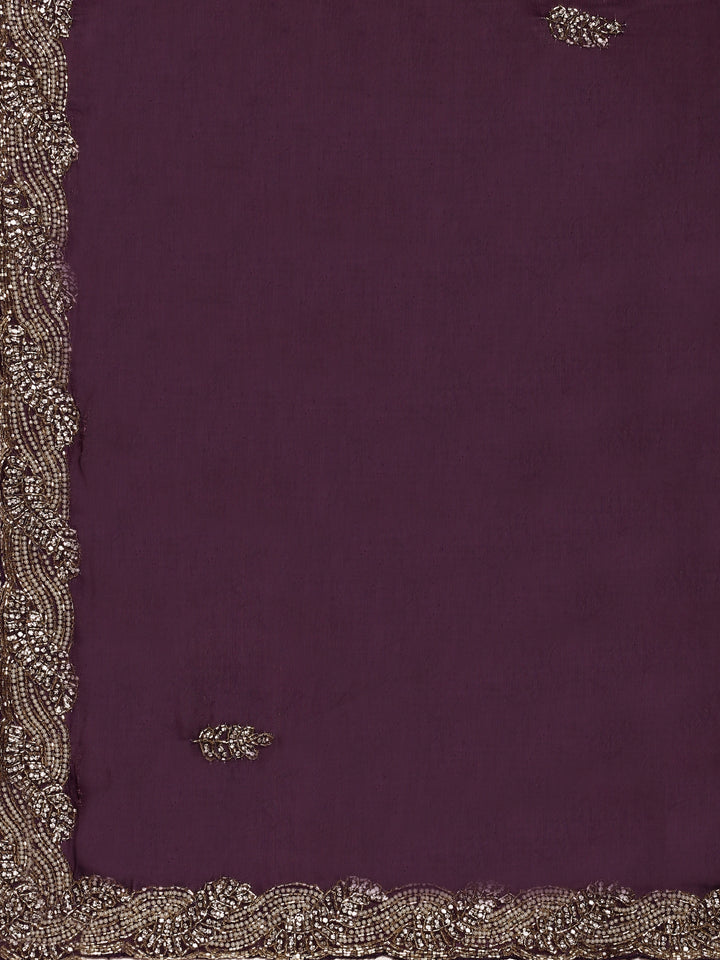 Neerus Maroon satin hand embroidered saree - detail view 3