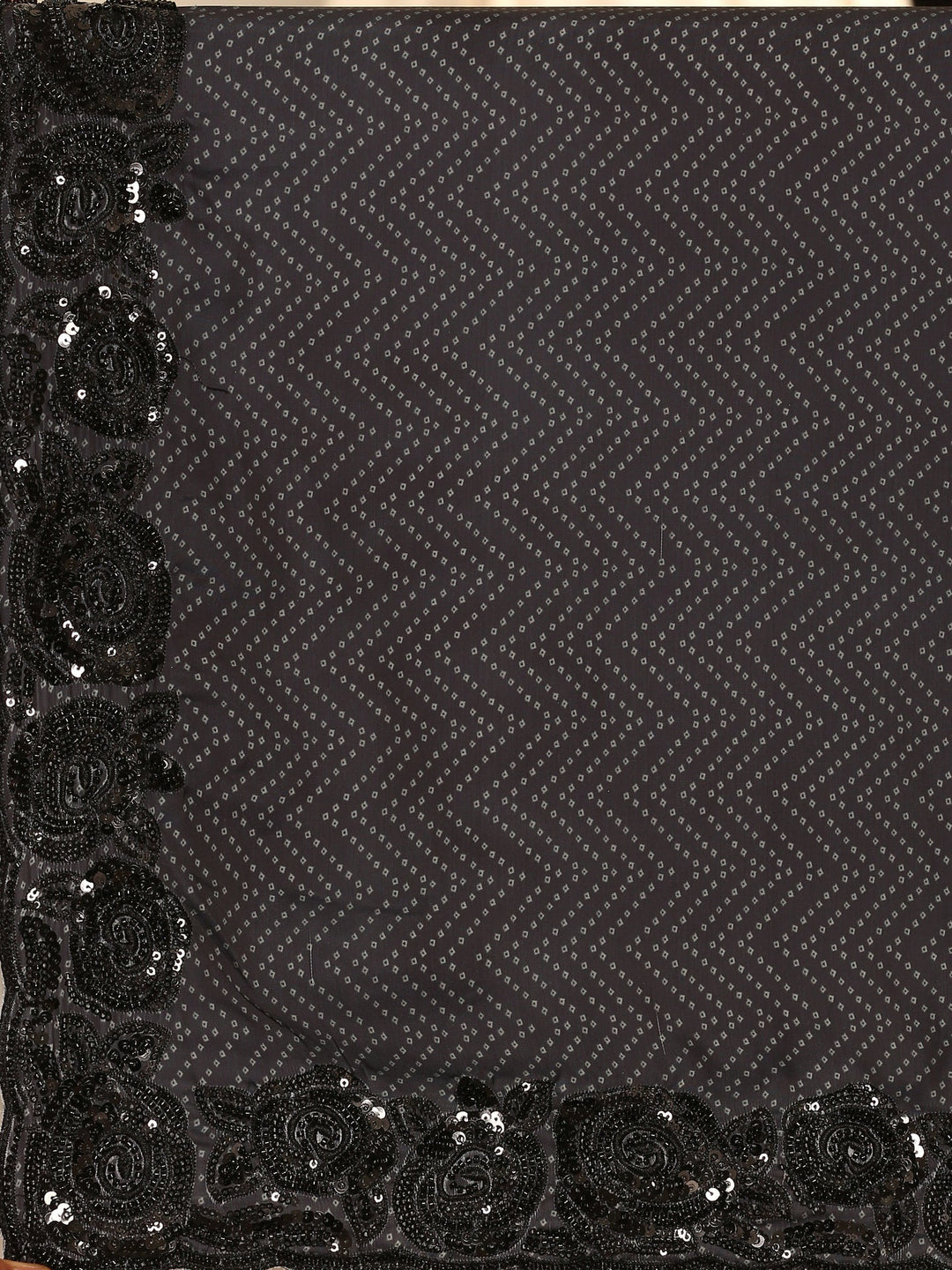 Neerus Black satin hand embroidered printed saree - detail view 2
