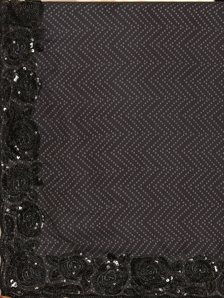 Neerus Black satin hand embroidered printed saree - detail view 2