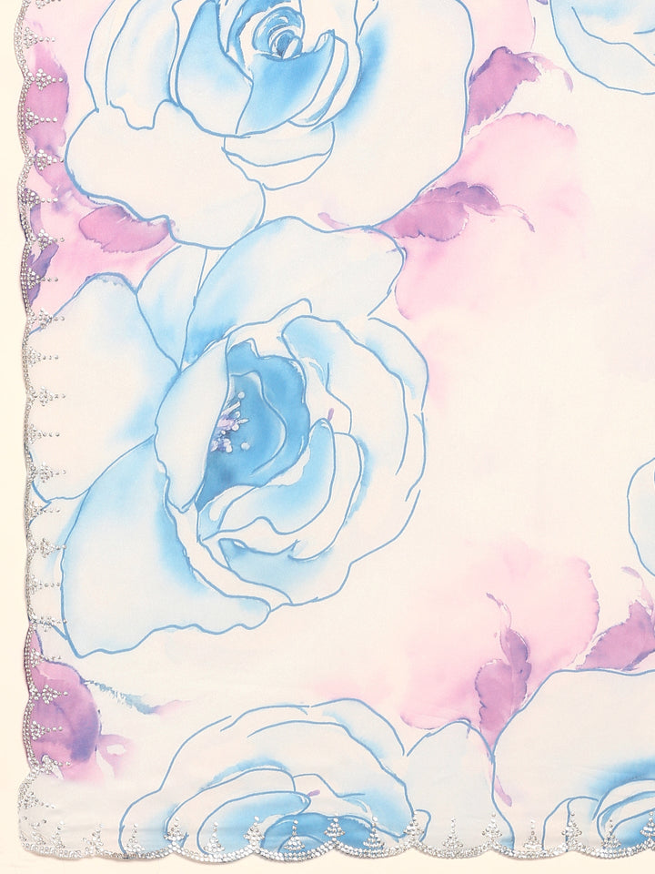 Blue satin floral printed saree with Swarovski embroidery