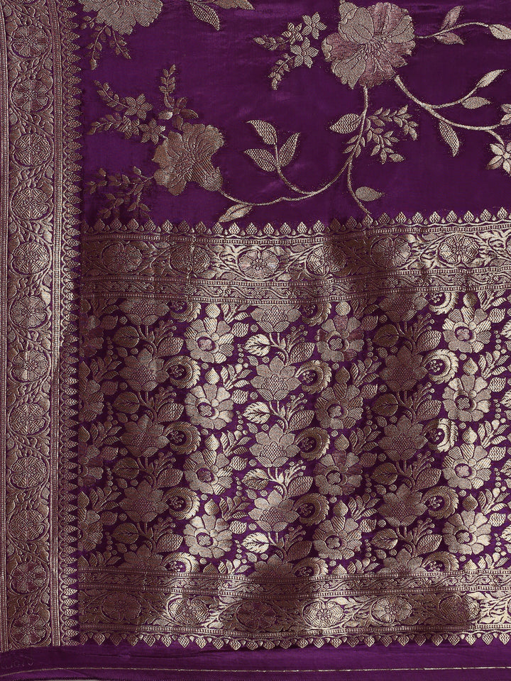 Neerus Maroon Banarasi woven saree with gold motifs - detail view 3