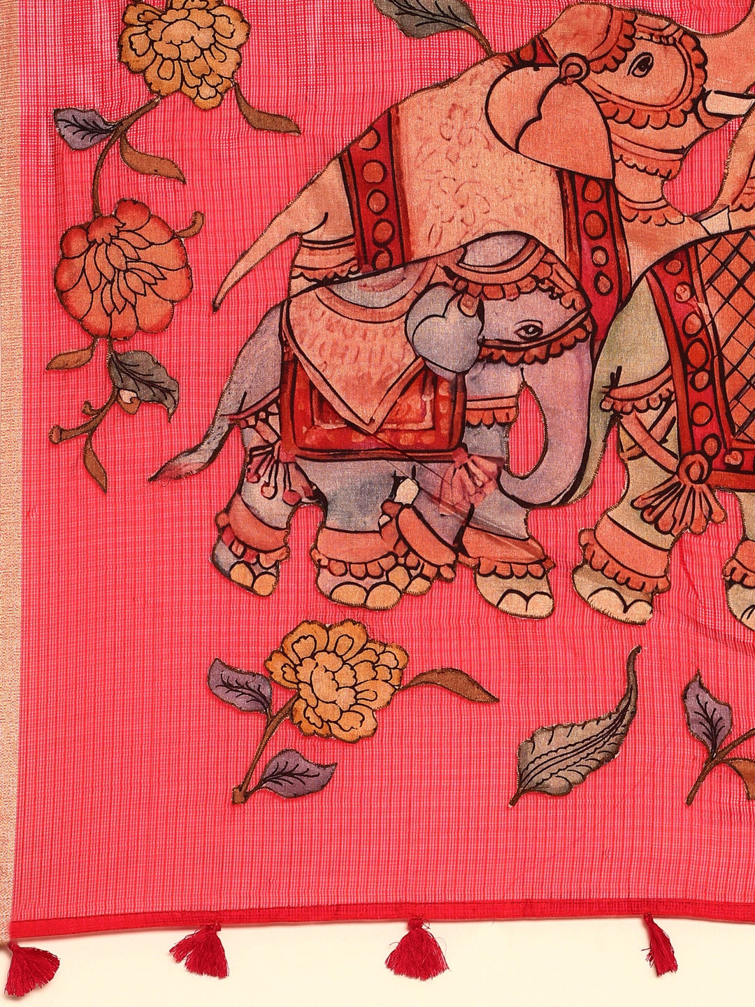 Neerus Pink Kota embellished saree with kalamkari appliqué pallu - detail view 2