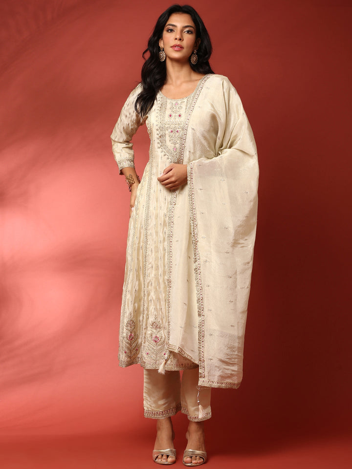 Neerus Beige tissue hand embroidered anarkali suit set - detail view 2
