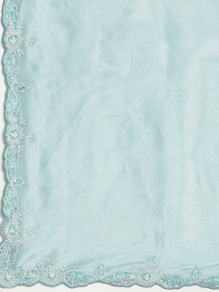 Blue Jimmy satin tissue saree work pearls & sequins embroidery with ready made blouse